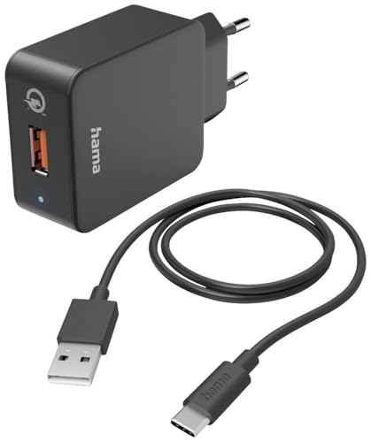 Hama Schnellladegerät, mit Ladekabel USB C, 19,5W (Set, Qualcomm Quick Charge 3.0, USB Ladegerät, für Handy, Smartphone, Tablet, Power Pack, Ladekabel Typ C Ladegerät, schnellladen, klein) schwarz von Hama