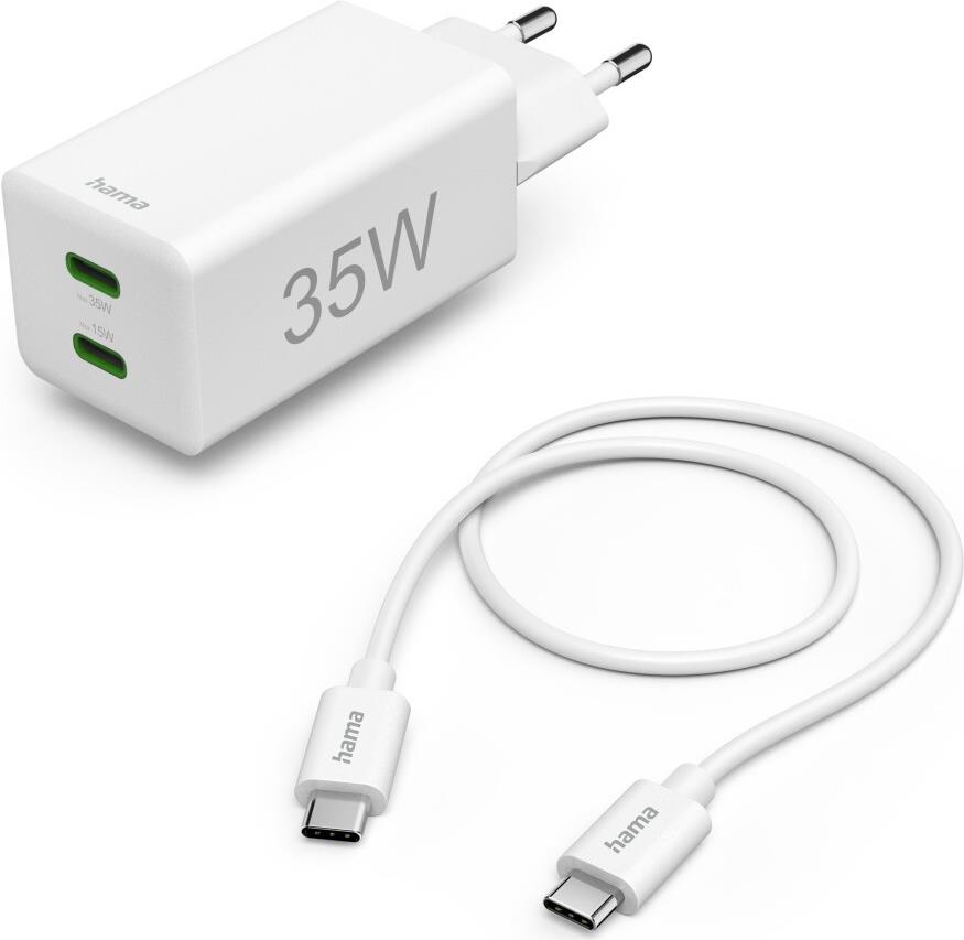Hama Schnellladegerät + Kabel, 2x USB-C, PD/QC, Mini-Ladegerät, 35W, 1 m, Weiß (00125116) von Hama
