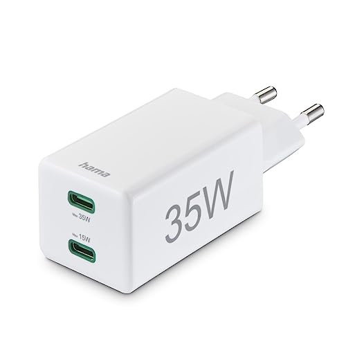 Hama Schnellladegerät 2X USB C (2 Port Universal Ladestecker für Smartphone, iPhone, Samsung, Tablet, MacBook Air, Mehrfach Ladeadapter 35 Watt mit Power Delivery und Qualcomm, Mini Ladegerät) Weiß von Hama
