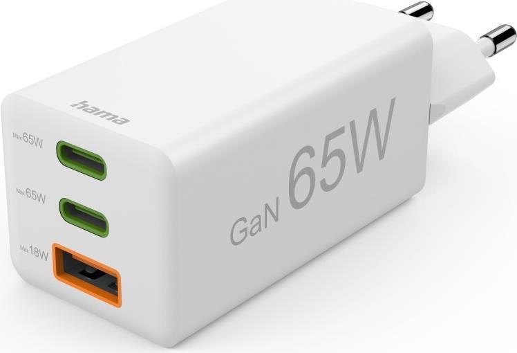Hama - Netzteil - 2 USB-C / USB-A, PD - Wechselstrom 100-240 V - 65 Watt - Ausgangsanschlüsse: 3 - weiß (00201996) von Hama