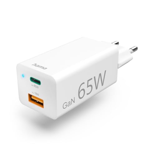 Hama Schnellladegerät, GaN, 1x USB-C PD, 1x USB-A QC, Mini-Ladegerät, 65 W, Weiß von Hama