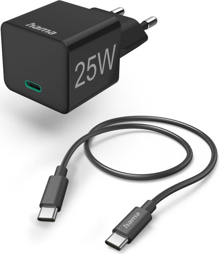 Hama Schnellladegerät mit Ladekabel USB-C, Mini-Ladegerät, PD, 25W, 1 m, Schwarz (00201623) von Hama