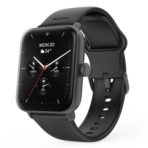 Hama Smartwatch (Farbdisplay 1,65“, Telefonfunktion, GPS, wasserdicht, WhatsApp, Email, Sprachassistent, Schlaftracker, 100 Sportmodi + Trainingspläne, Schrittzähler, Pulsmesser, Kalorien etc) schwarz von Hama