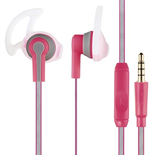 Hama Sportkopfhörer Reflective (In-Ear-Kopfhörer, Mikrofon 100Hz - 10kHz, Kopfhörer 20Hz - 20kHz, 3,52mm Klinkenkabel Flachstecker Länge 1,5m, Ohrumhang) Rosa/Grau von Hama