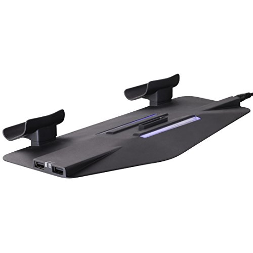 Hama Standfuß für PlayStation 4 Slim/Pro inkl. 2 Controller Ladeschalen (PS4 Slim/Pro Ständer/ Controller Ladestation, 2 USB-Anschlüsse, LED-Beleuchtung) Vertical Stand, Dual Dockingstation schwarz von Hama