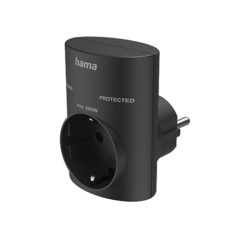 Hama Steckdosenadapter, Überspannungsschutz (Schutzkontakt Stecker, erhöhter Berührungsschutz, Adapter, Schutzkontaktsteckdose, Reise Zubehör, Reisestecker, Steckdosenadapter 1 fach) schwarz von Hama