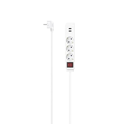 Hama Steckdosenleiste 3-fach, USB A, mit Schalter, 1,4m (Steckdosenleiste mit Schalter, mit USB, 3er, Mehrfachsteckdose, Mehrfachstecker, mit Berührungsschutz, 45°, Steckdosenadapter) weiß von Hama