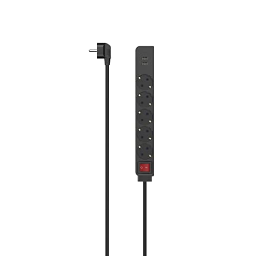 Hama Steckdosenleiste 5-Fach, USB A, mit Schalter, 1,4m (Steckdosenleiste mit Schalter, mit USB, 5er, Mehrfachsteckdose, Mehrfachstecker, mit Berührungsschutz, 45°, Steckdosenadapter) schwarz von Hama