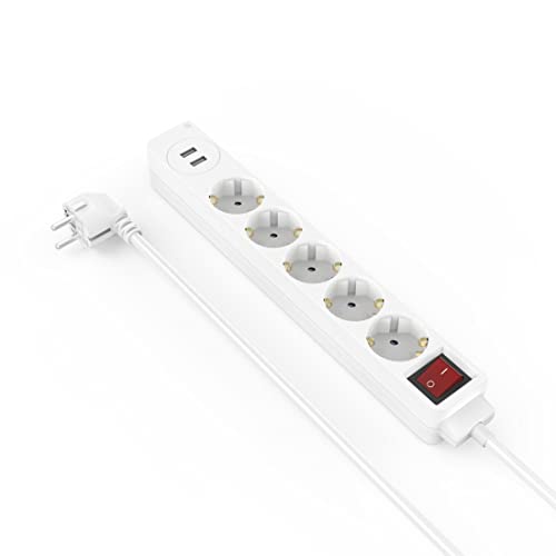 Hama Steckdosenleiste 5-Fach, USB A, mit Schalter, 1,4m (Steckdosenleiste mit Schalter, mit USB, 5er, Mehrfachsteckdose, Mehrfachstecker, mit Berührungsschutz, 45°, Steckdosenadapter) weiß von Hama