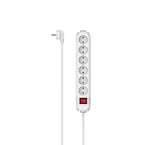Hama Steckdosenleiste 6-Fach, Schalter, Wandmontage, 2m (Steckdosenleiste mit Schalter, 6 Fach Steckdosenleiste, Mehrfachsteckdose, Mehrfachstecker, mit Berührungsschutz, beleuchtet, 90°) weiß von Hama