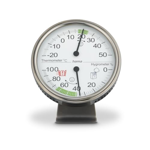 Hama Thermometer Hygrometer, analog (für Innen, Anzeige von Temperatur, Luftfeuchtigkeit, Raumklima, zum Aufstellen und Hinhängen, Gehäuse aus Edelstahl) silber von Hama