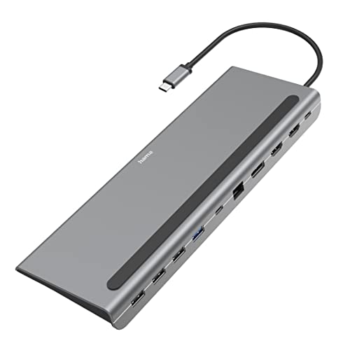 Hama USB C Docking Station 10 Ports (USB Hub 4x USB A, 2x USB-C, 2x HDMI, 1x Displayport DP, 1x LAN/Ethernet, 10 in 1 Hub mit PD, 5 Gbit/s, 4K für PC, Notebook, Windows und Mac, 10 Anschlüsse) silber von Hama