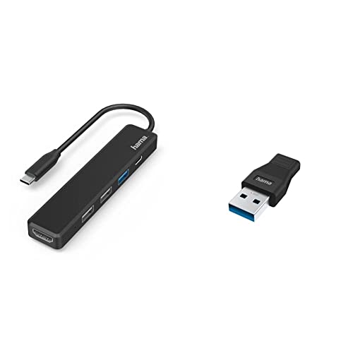 Hama USB C Hub, 5 Anschlüsse, schwarz & USB C Adapter, USB A Stecker auf USB C Buchse (Zum Verbinden von PC, Laptop, MacBook, Tablet mit USB-C-Kabel oder USB-C-Hub) von Hama