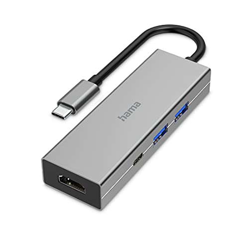 Hama USB C Hub 4 Ports (Multiport Adapter 1x HDMI 4K Ultra HD für Monitor oder Beamer, 2x USB-A, 1x USB-C zur Übertragung von Daten und zum Laden mit PD, USB C Adapter 4in1 für Büro, Homeoffice) Alu von Hama