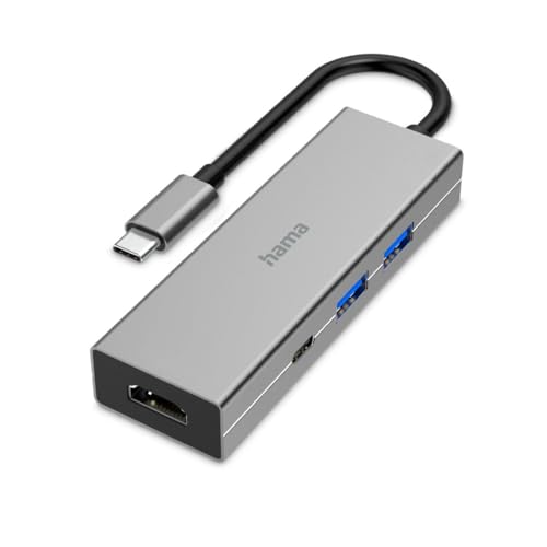Hama USB C Hub 4 Ports (Multiport Adapter 1x HDMI 4K Ultra HD für Monitor oder Beamer, 2X USB-A, 1x USB-C zur Übertragung von Daten und zum Laden mit PD, USB C Adapter 4in1 für Büro, Homeoffice) Alu von Hama