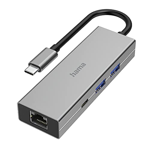 Hama USB C Hub 4 Ports (Multiport Adapter 1x LAN Gigabit Ethernet, 2x USB-A, 1x USB-C zur Übertragung von Daten und zum Laden mit PD, USB C Adapter 4in1 für Büro, Homeoffice und unterwegs) Alu von Hama