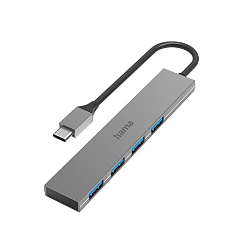 Hama USB C Hub 4 Ports (Super-Speed Datenübertragung mit bis zu 5 Gbps, 4x USB-A für Maus, USB-Stick, usw., USB 3.2 Gen1 Multiport Adapter, USB C Adapter 4in1 für Büro, Homeoffice und unterwegs) Alu von Hama