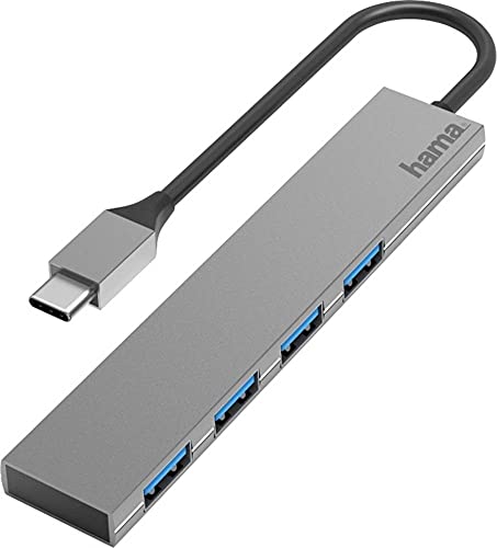 Hama USB C Hub 4 Ports (Super-Speed Datenübertragung mit bis zu 5 Gbps, 4X USB-A für Maus, USB-Stick, usw., USB 3.2 Gen1 Multiport Adapter, USB C Adapter 4in1 für Büro, Homeoffice und unterwegs) Alu von Hama