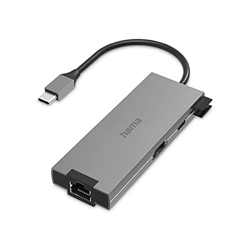 Hama USB C Hub 5 Ports (Multiport Adapter 1x HDMI 4K Ultra HD, 1x LAN Gigabit Ethernet, 2x USB-A, 1x USB-C zur Übertragung von Daten und zum Laden mit PD, USB C Adapter 5in1 für Büro, Homeoffice) Alu von Hama