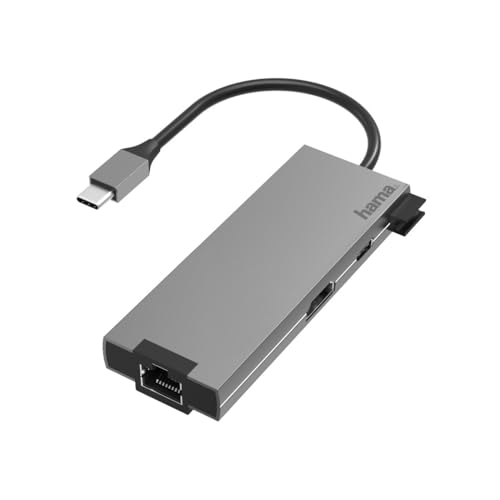 Hama USB C Hub 5 Ports (Multiport Adapter 1x HDMI 4K Ultra HD, 1x LAN Gigabit Ethernet, 2x USB-A, 1x USB-C zur Übertragung von Daten und zum Laden mit PD, USB C Adapter 5in1 für Büro, Homeoffice) Alu von Hama