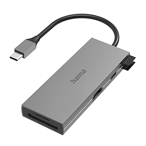 Hama USB C Hub 6 Ports (Multiport Adapter 1x HDMI 4K, 2X USB-A, 1x USB-C zur Übertragung von Daten und zum Laden mit PD, 2X Kartenleser SD und microSD, USB C Adapter 6in1 für Büro, Homeoffice) Alu von Hama