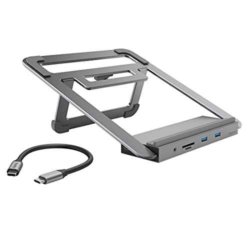 Hama USB C Hub Docking Station mit Notebook Ständer 12 Ports (2X HDMI, 4X USB A, 1x USB-C, 1x VGA, 1x LAN/Ethernet, 2X Kartenleser, 1x Aux, Adapter USBC Hub 12in1 Laptop Stand für Büro, Home Office) von Hama