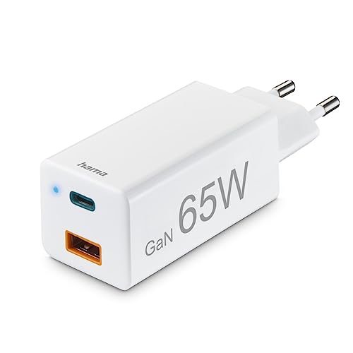 Hama USB-C-Ladegerät 65W (2 Port Netzteil USB C + USB A, Schnellladegerät mit Quick Charge 3.0 u. Power Delivery, USB Ladegerät mit GaN-Technologie, Universal-Ladegerät für Handy, Tablet, Laptop) weiß von Hama