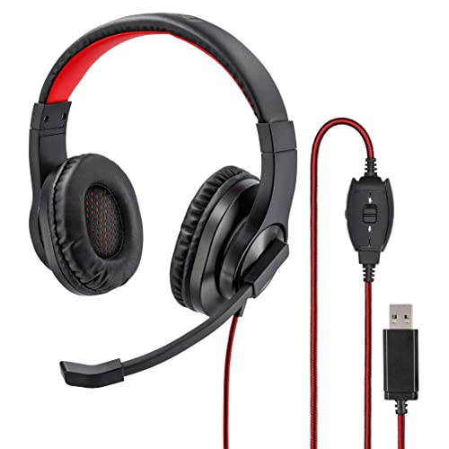 Hama USB Headset, Over Ear Kopfhörer mit Mikrofon (Headset mit Lautstärkenregler und verstellbarem Mikrofonarm, für Videokonferenzen, Homeoffice, Callcenter, eLearning, USB-A-Stecker) schwarz, rot von Hama
