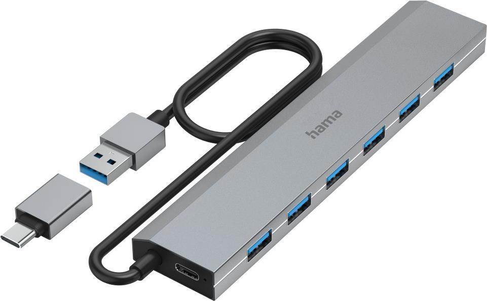 Hama USB-Hub, 7 Ports, USB 3.2 Gen1, 5 Gbit/s, inkl. USB-C-Adapter und Netzteil (00200137) von Hama