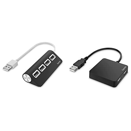 Hama USB Hub 4 Ports, schwarz & USB Hub 2.0, 4-Fach Adapter (4in1 USB A Hub, USB Splitter mit 4 USB-Ports, klein & kompakt, großer Buchsenabstand, Bus-Powered, externer USB-Verteiler) schwarz von Hama