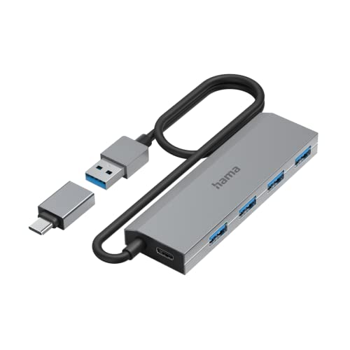 Hama USB-Hub 4 Ports (USB-A und USB-C-Anschluss, mit Netzteil, 4x USB-A für Maus, Tastatur, externe Festplatte, USB-Stick etc., Aluminium-Gehäuse, USB-Adapter für Büro, Home Office) von Hama