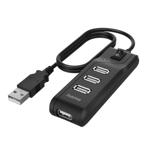 Hama USB Hub 4 Ports mit Schalter (High-Speed Datenübertragung, 4x USB-A für Maus, USB-Stick, usw., 1,8m langes Kabel, Multiport Adapter, USB Adapter 4in1 für Büro, Homeoffice und unterwegs), 00200118, Schwarz von Hama