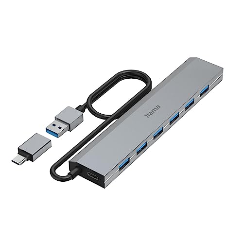Hama USB-Hub 7 Ports (USB-A und USB-C-Anschluss, mit Netzteil, 7x USB-A für Maus, Tastatur, externe Festplatte, USB-Stick etc., Aluminium-Gehäuse, USB-Adapter für Büro, Home Office) von Hama