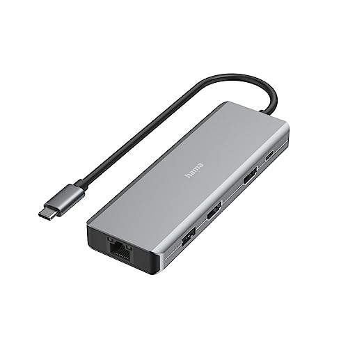 Hama USB-Hub 9 Ports (4X USB-A, 1x USB-C Daten, 1x USB-C Power, 2X HDMI, 1x LAN/Ethernet, Ultra-HD 4K, bis zu 5 Gbit/s, MST für mehrere Bildschirme, Thunderbold, Power Delivery) Aluminium von Hama