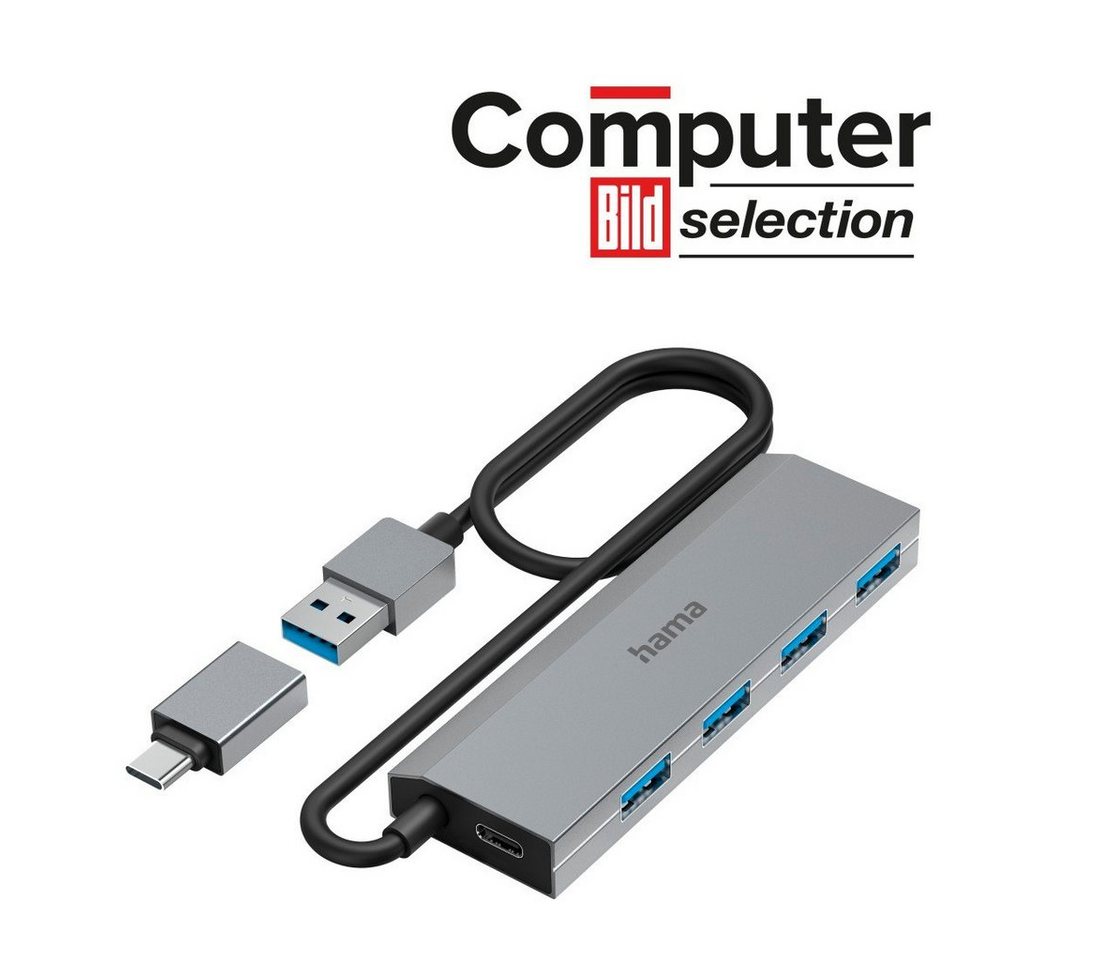 Hama USB Hub mit Netzteil und Adapter grau, 4 Ports mit USB C und USB Typ A USB-Adapter USB Typ A, USB Typ C zu USB Typ A, 100 cm von Hama