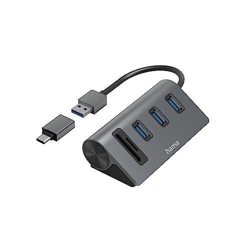 Hama USB-Hub und Kartenleser 5 Ports (3x USB-A, 1x SD, 1x microSD, mit USB-C-Adapter, bis 5 Gbit/s, Anschluss für Maus, Tastatur, Speicherkarte etc., USB-Adapter für Büro, Home Office) Aluminium von Hama