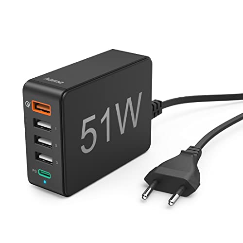 Hama USB-Ladegerät mehrfach USB-Ladestation 5 Port 51W (5 in 1 Ladegerät mehrere Geräte mit USB-C PD, QC 3.0, 3X USB-A, Schnell-Lade-Adapter USB-Netzteil für iPhone, Samsung etc., 1,2m Kabel) schwarz von Hama