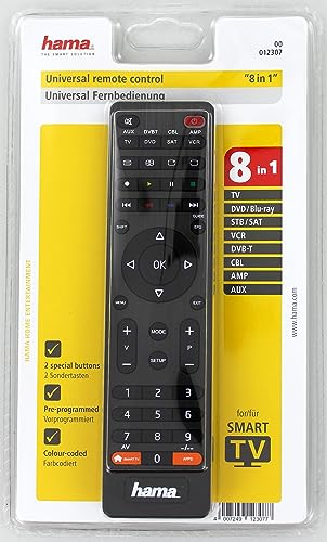 Hama Universal Fernbedienung 8-in-1 Smart TV (bis zu 8 Geräte steuern, über 1000 Marken vorprogrammiert, TV/DVD/VCR/SAT/AUX/DVBT/CBL/AMP) IR Multifunktionsfernbedienung Ersatzfernbedienung, schwarz von Hama