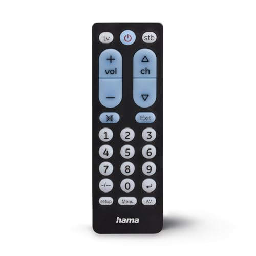 Hama Universalfernbedienung TV, für 2 Geräte, große Tasten (Infrarot, lernfähig, leuchtende Tasten, vorprogrammiert, ideal z.B. für TV, Videorekorder, Receiver, 10m Reichweite) schwarz von Hama