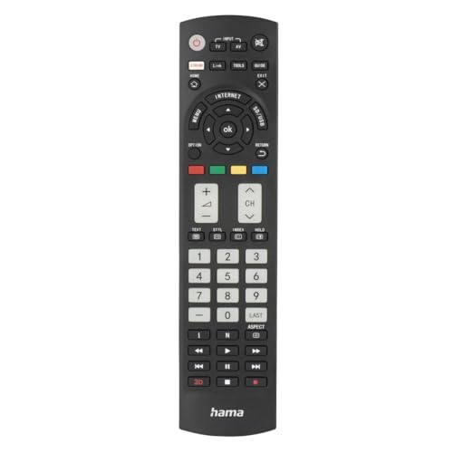 Hama Universalfernbedienung für Panasonic TVs (Infrarot, lernfähig, leuchtende Tasten, smarte Taste, Easy Mode Funktion, ergonomische Haupttasten, 10m Reichweite) schwarz von Hama