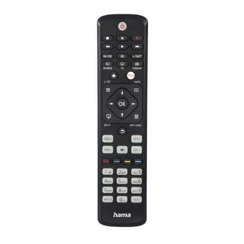 Hama Universalfernbedienung für Philips TVs (Infrarot, lernfähig, leuchtende Tasten, smarte Taste, Easy Mode Funktion, ergonomische Haupttasten, 10m Reichweite) schwarz von Hama