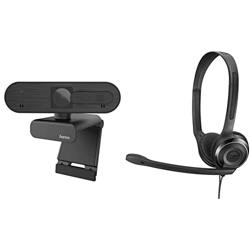 Hama Webcam 1080p Full HD mit Stereo Mikrofon (PC Webcam mit Autofokus und intelligenter Belichtung für Homeoffice und Gaming, 360 Grad schwenkbar, mit Kamera-Abdeckung) & Sennheiser PC 8 USB Headset von Hama