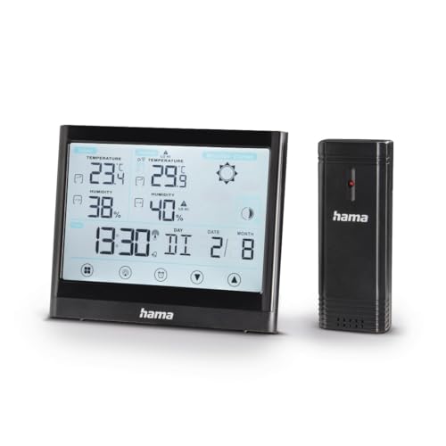 Hama Wetterstation Funk mit Außensensor (Thermometer, Hygrometer, Wettervorhersage m. Symbolen, DCF Funkuhr, Wecker, Mondphasen, bis zu 3 Außensensoren, Touch Sensoren inkl. Batterien) schwarz von Hama