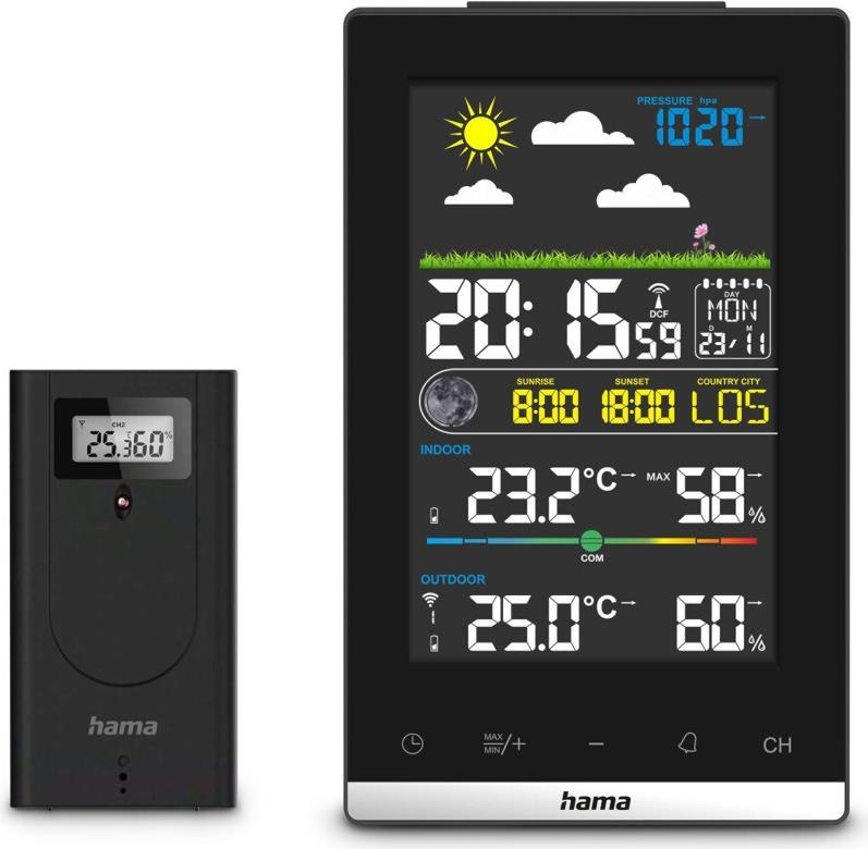 Hama Wetterstation Jamaika, mit Außensensor, Funk, Wecker, Raumklima, Schwarz (00222239) von Hama