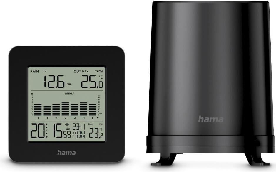Hama Wetterstation Mykonos mit Regenmesser/Außensensor, Funk, Wecker, Schwarz (00222220) von Hama