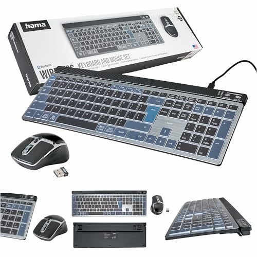 Hama Wireless Tastatur & Maus WKM-750 (polnische QWERTY Layout, Multi-Device, Bluetooth, USB-Empfänger, geräuscharm, LED-Leuchtwinkel, FN-Lock, ergonomisch,Schwarz) von Hama