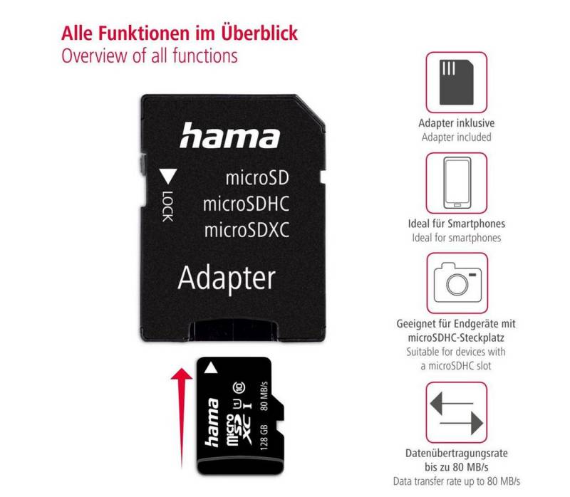 Hama microSD Karte, Memory Fast, + Adapter/Mobile, Class 10 UHS-I 80MB/s Speicherkarte (128 GB, UHS-I Class 10, 80 MB/s Lesegeschwindigkeit) von Hama