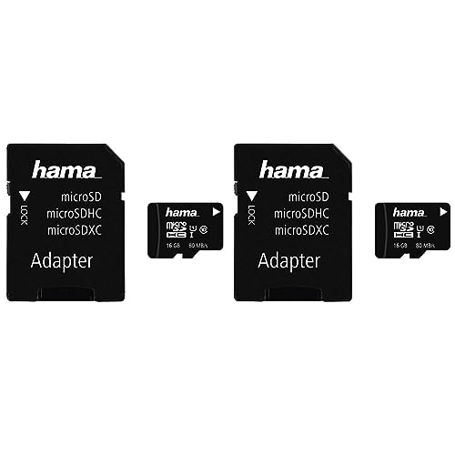 Hama microSDHC 16GB Class 10 UHS-I 80MB/s Karte inkl. SD Adapter, Schwarz (Packung mit 2) von Hama