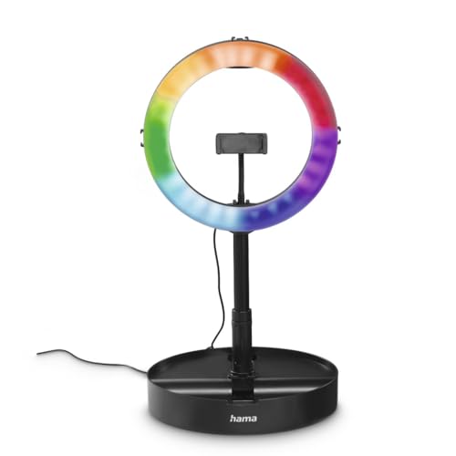 Hama LED RGB Ringlicht mit Stativ Handy faltbar 10,2“ Ringleuchte, 26,5 cm Durchmesser, Tisch Stativ für die Kamera, ausziehbar bis 138 cm, dimmbares LED Tischringlicht, farbig, zum Einklappen schwarz von Hama