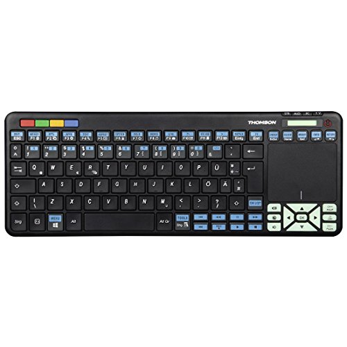 Thomson Funk-Tastatur für Panasonic Smart-TV mit 4in1 Universal-Fernbedienung (für TV/STB/Audio/PC, inkl. Touchpad-Maus, QWERTZ, beleuchtet, Multimedia-Tasten, lernfähig, Wireless, 2,4GHz) schwarz von Hama